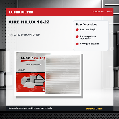 Filtro de aire para Toyota Hilux 2016-2022 de la marca KM Motos, imagen del filtro de aire rectangular y de color negro