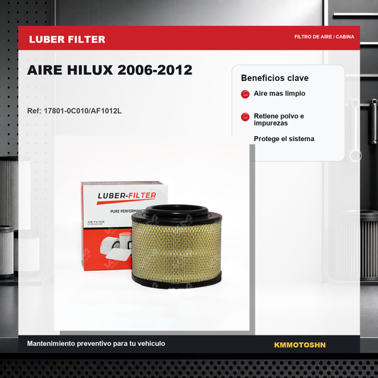 Filtro de aire para Toyota Hilux 2006-2012 de la marca KM Motos, muestra el filtro en color y tamaño adecuados para el vehículo.