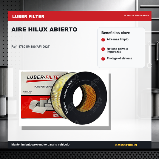 Filtro de aire abierto para Toyota Hilux de la marca KM Motos, mostrando el elemento de filtración y estructura del producto.