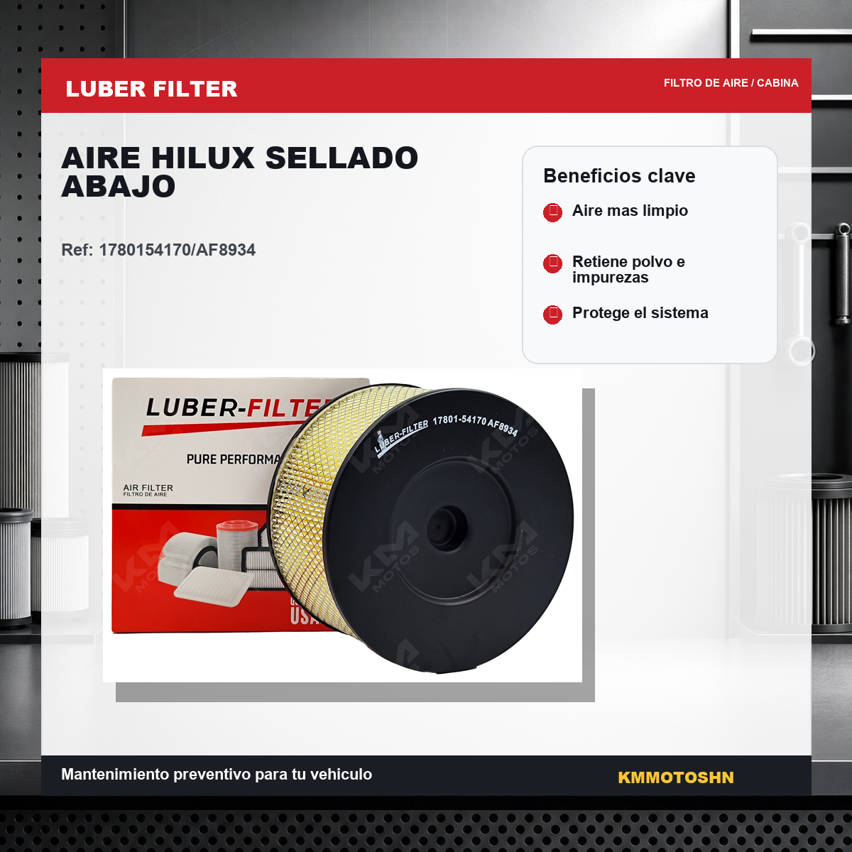 Filtro de aire sellado para Toyota Hilux, marca KM Motos, mostrando detalle del filtro de aire en su posición.