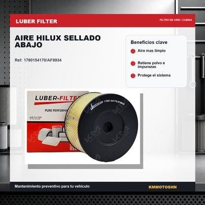 Filtro de aire sellado para Toyota Hilux, marca KM Motos, mostrando detalle del filtro de aire en su posición.