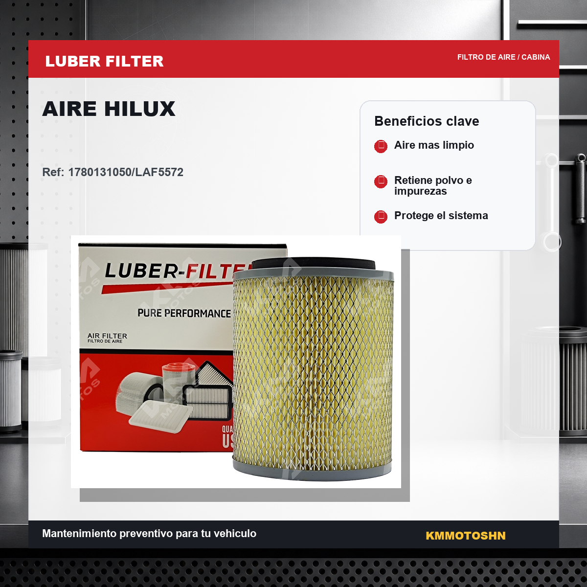 Filtro de aire tubular Heavy Duty KM Motos para camiones diésel clásicos, compatible con modelos Hilux.