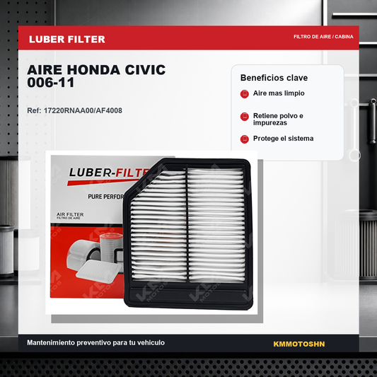 Filtro de aire para Honda Civic 2006-2011 de KM Motos, muestra el filtro con estructura y material de filtración visible.