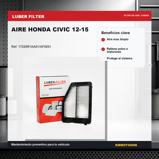 Filtro de aire para Honda Civic 12-15 de la marca KM Motos, muestra el filtro con estructura y material de filtración visible.