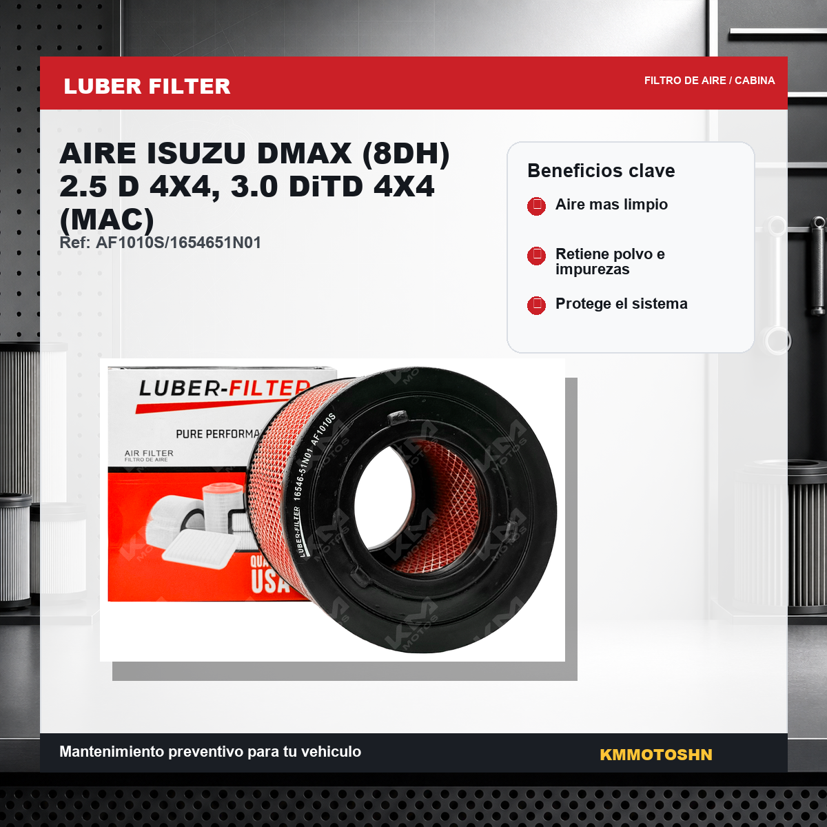 Filtro de aire KMMOTOSHN para Isuzu DMAX 8DH 2.5 D y 3.0 DiTD 4x4, muestra el filtro en caja con marca MAC.