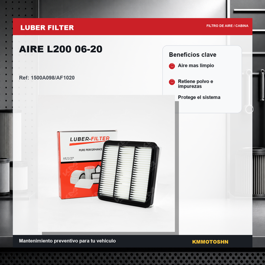 Filtro de aire KM Motos para L200 2006-2020, muestra el filtro de aire de tamaño completo en color negro con marco de goma.