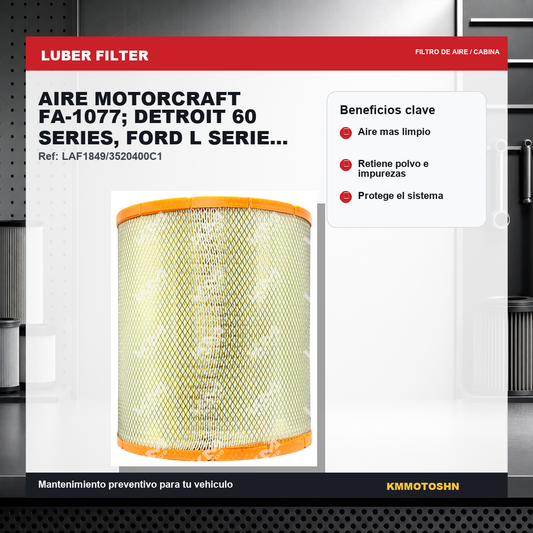 Filtro de aire Motorcraft FA-1077 para Detroit 60 Series, Ford L Series y Freightliner Century, con sello radial para uso en aire.
