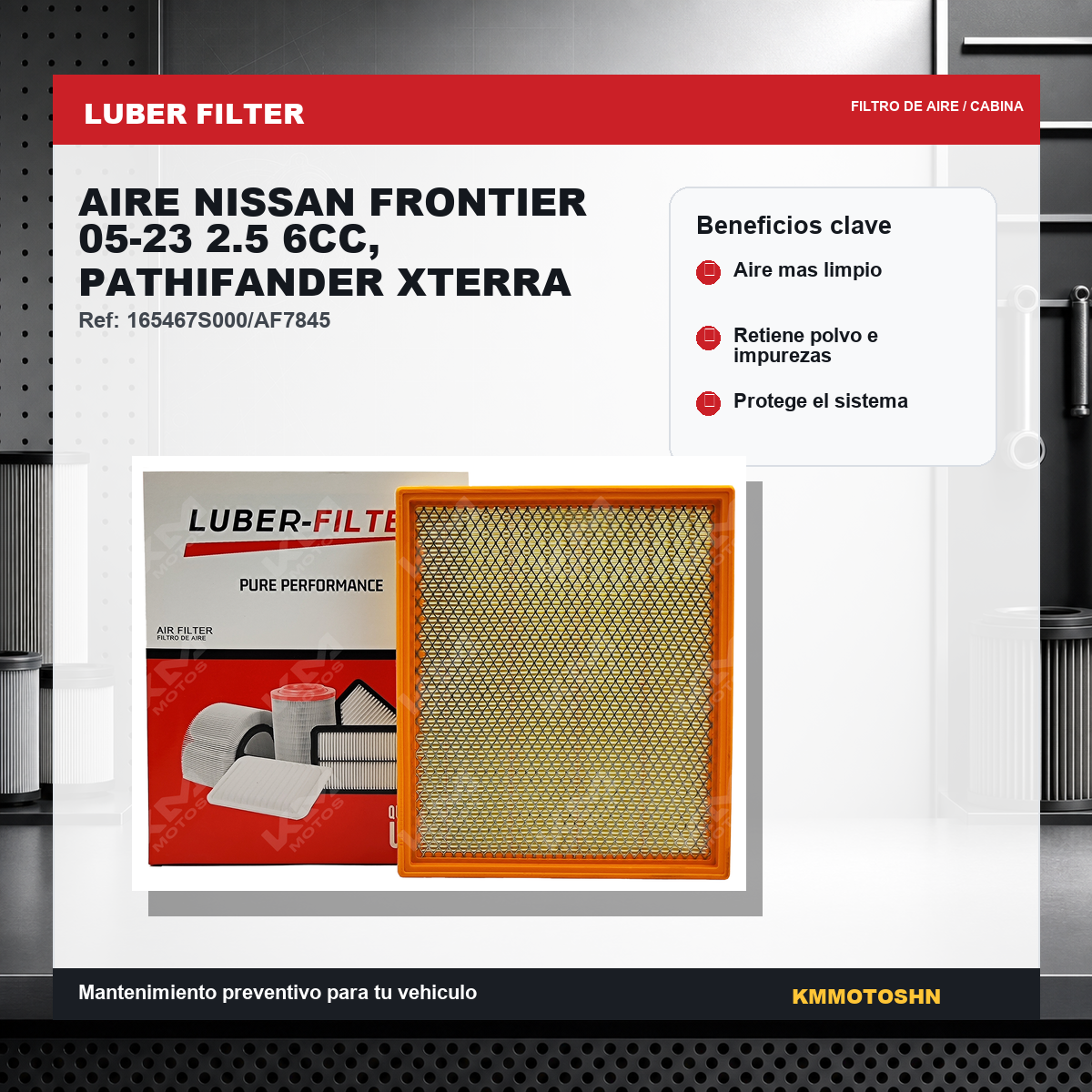 Filtro de aire original para Nissan Frontier 2005-2023 y Xterra 2.5 y 6CC, visible en la imagen.