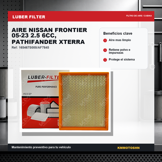 Filtro de aire original para Nissan Frontier 2005-2023 y Xterra 2.5 y 6CC, visible en la imagen.