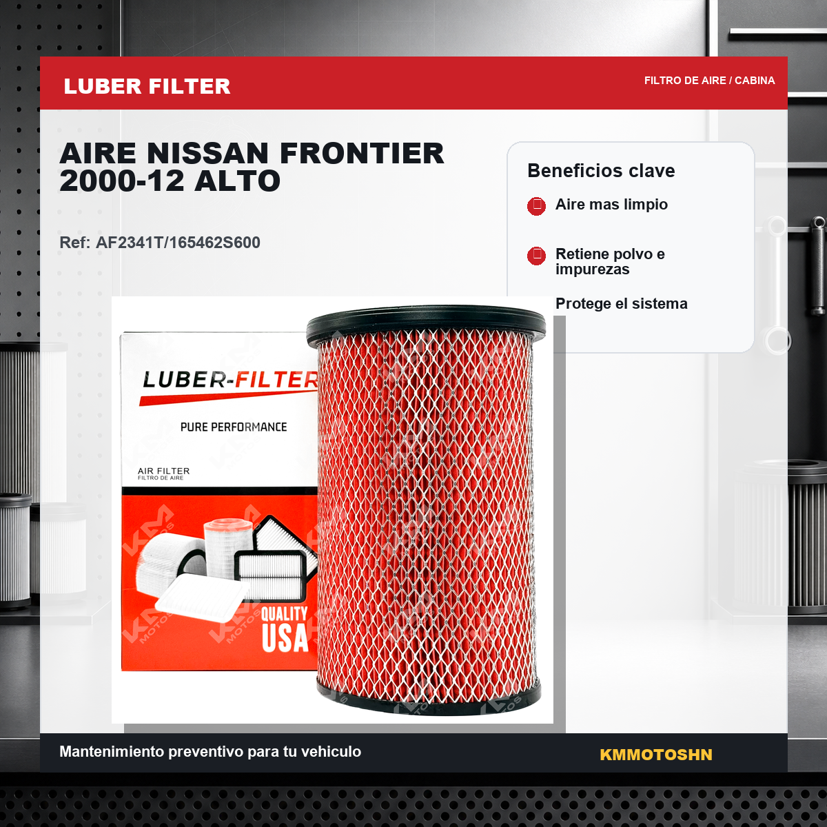Filtro de aire KMMOTOSHN para Nissan Frontier 2000-2012, alto, mostrando el filtro de aire en su embalaje para vehículo.