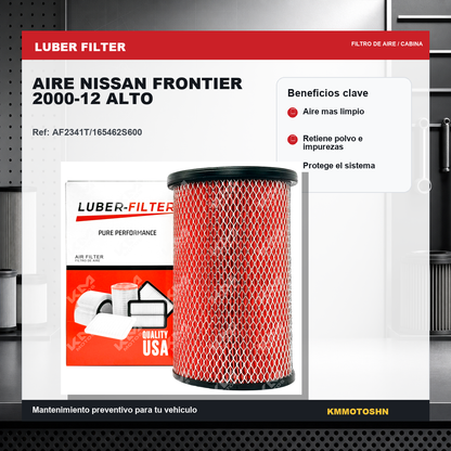 Filtro de aire KMMOTOSHN para Nissan Frontier 2000-2012, alto, mostrando el filtro de aire en su embalaje para vehículo.