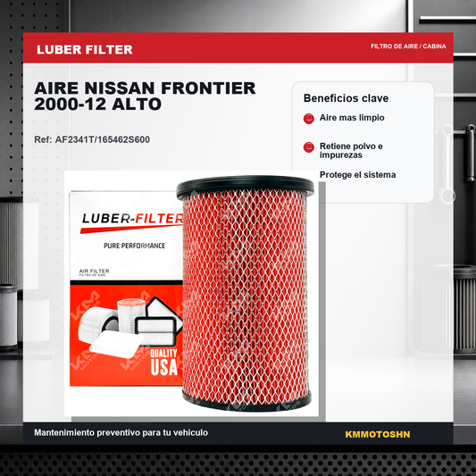 Filtro de aire KMMOTOSHN para Nissan Frontier 2000-2012, alto, mostrando el filtro de aire en su embalaje para vehículo.