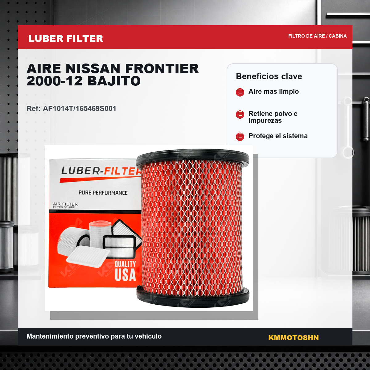 Filtro de aire KMMOTOSHN para Nissan Frontier 2000-2012, modelo bajito, mostrando el filtro de aire en color blanco con marco negro.