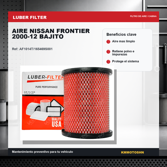 Filtro de aire KMMOTOSHN para Nissan Frontier 2000-2012, modelo bajito, mostrando el filtro de aire en color blanco con marco negro.
