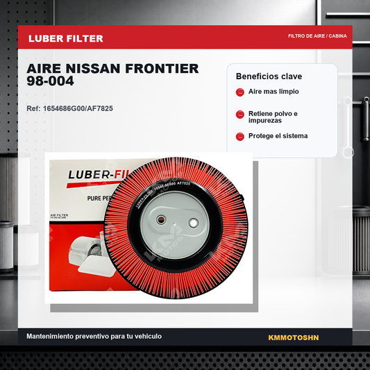 Filtro de aire para Nissan Frontier 98-004 de KM Motos, muestra el filtro de aire rectangular y su marco de plástico.