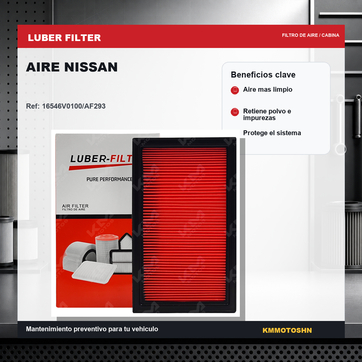 Filtro de aire Nissan de KM Motos, muestra el filtro de aire para vehículos Nissan en una vista clara y detallada.