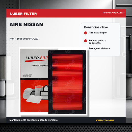 Filtro de aire Nissan de KM Motos, mostrando el filtro rectangular con estructura de malla y marco de plástico para vehículos Nissan.