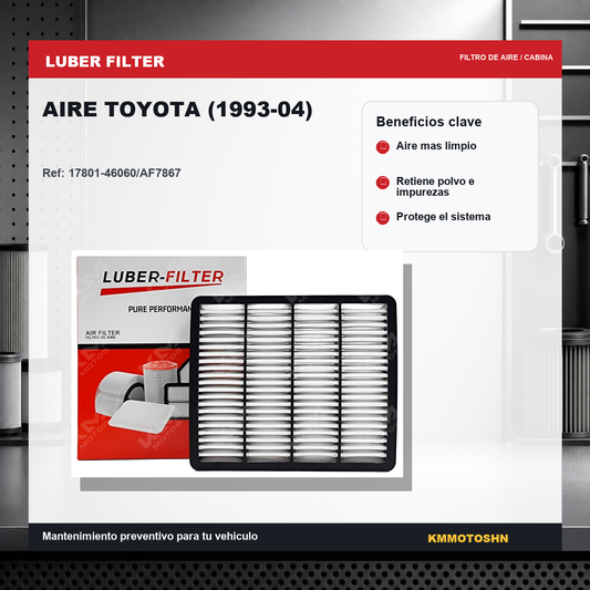 Filtro de aire Toyota de 1993 a 2004 de la marca KM Motos, muestra el filtro de aire rectangular y su marco.