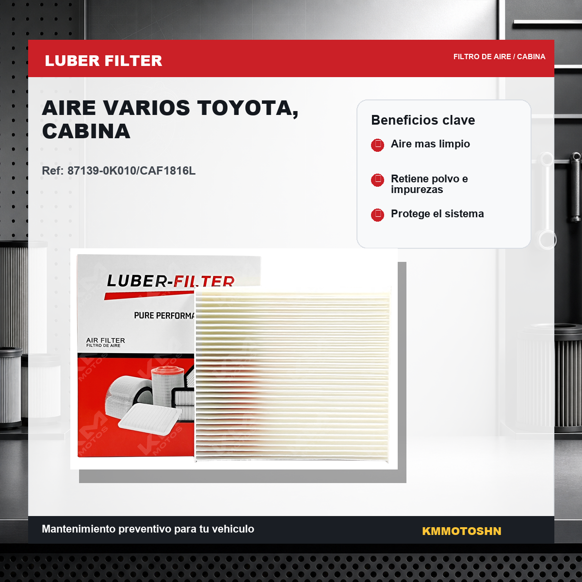 Filtro de aire de cabina para Toyota de KM Motos, muestra el filtro de aire en su empaque con detalles del producto.