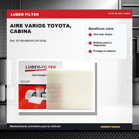 Filtro de aire para cabina Toyota, marca KM Motos, mostrando el filtro de aire de diferentes modelos en la imagen.