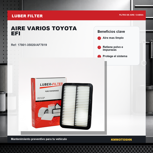 Filtro de aire para Toyota EFI de la marca KM Motos, mostrando el filtro de aire en su empaque.