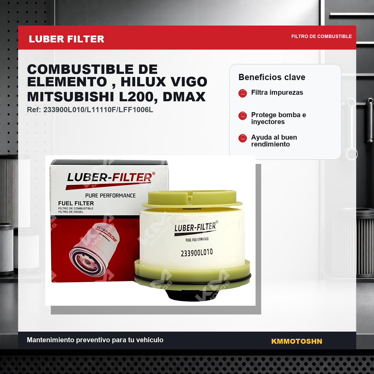 Filtro de combustible de elemento para Toyota Hilux, Mitsubishi L200 y DMAX, marca KM Motos, muestra el filtro en detalle.