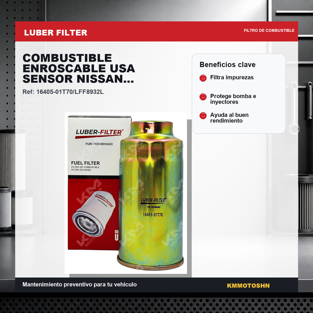 Filtro de combustible enroscable KM Motos para Nissan con sensor, modelo LFF8932, visible en la imagen.