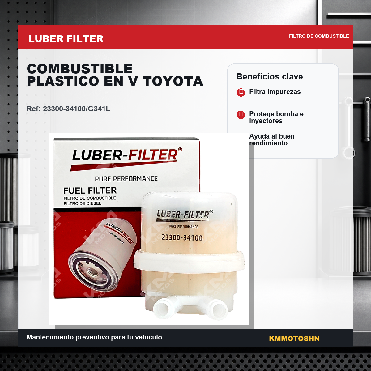 Filtro de combustible de plástico en V para Toyota, compatible con vehículos Toyota, marca KM Motos.