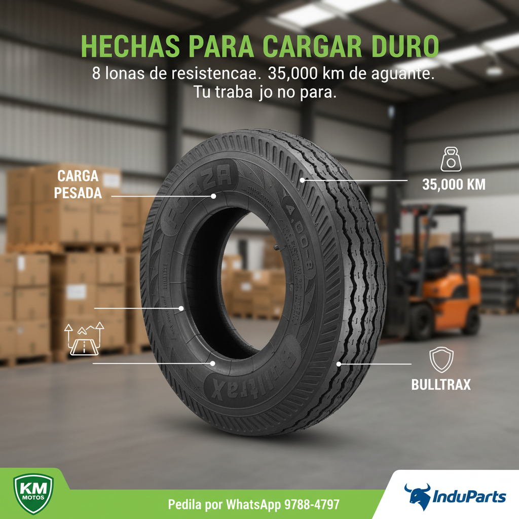 Llanta BULLTRAX 4.00-8 TT con neumático, llanta de goma resistente para maquinaria agrícola o industrial.