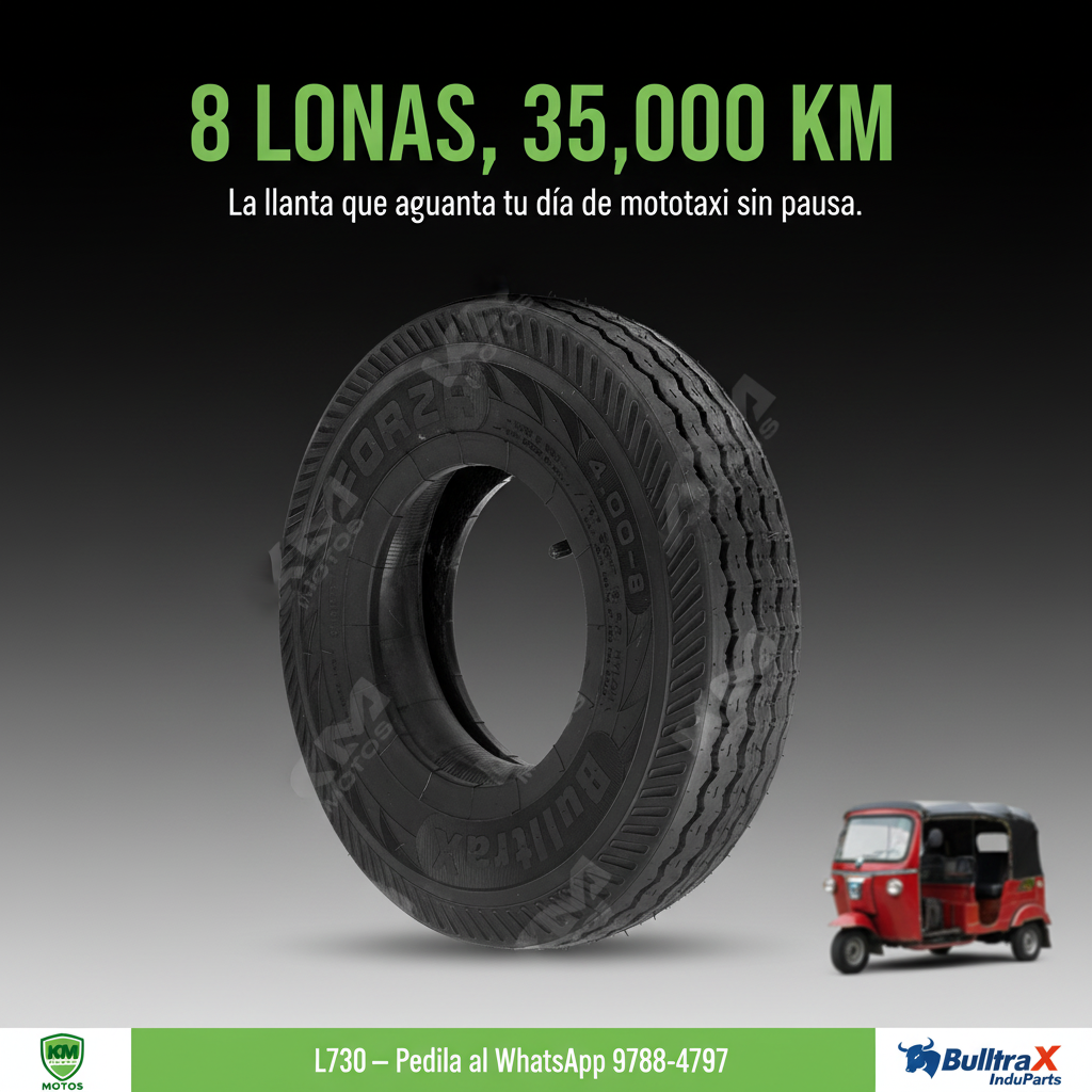 Llanta Bulltrax 4.00-8 TT con neumático, rueda resistente y duradera para vehículos pequeños, en color negro.