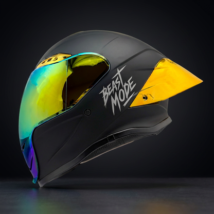 Casco cerrado HS2 electroplateado en dorado con visera, tamaño M, protección y diseño resistente para seguridad y estilo.