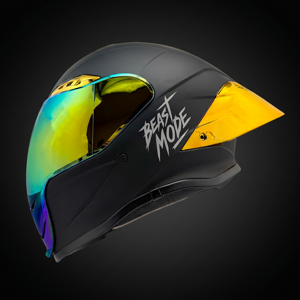 Casco cerrado HS2 con acabado en dorado electroplating, visera transparente y tamaño mediano, protección y estilo para trabajos industriales