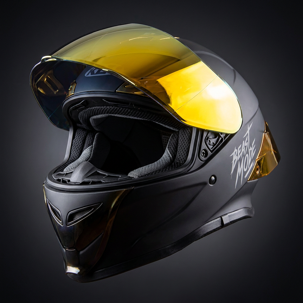 Casco cerrado HS2 electroplate en dorado con visera, tamaño M, diseño resistente y elegante para protección y estilo.