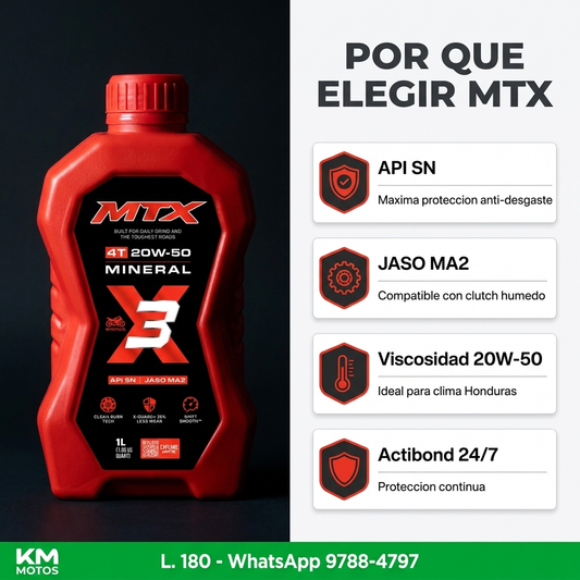 Aceite mineral 20W50 MTX para motor, envase con etiqueta y tapa, en fondo blanco.