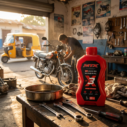 Aceite para moto 20W-50 mineral MTX, 1 litro, con certificación API SN y JASO MA2, envase con etiqueta y tapa.