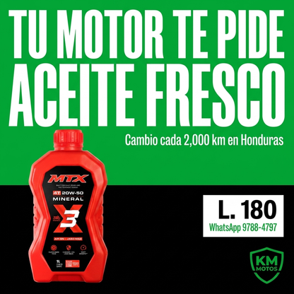 Aceite de motor mineral MTX 20W-50, botella de 1 litro, con etiquetas API SN y JASO MA2, para lubricación de motores.