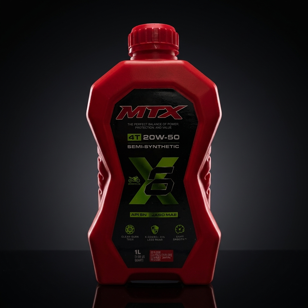 Aceite semi sintético 20W50 MTX en envase, líquido oscuro para motores, marca MTX, adecuado para vehículos.