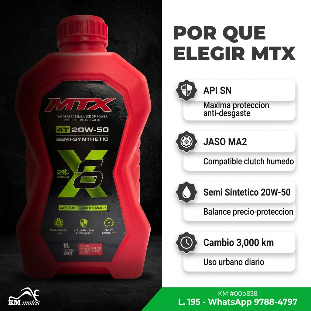 Aceite semi sintético MTX 20W50 para motor, botella con etiqueta visible y tapa en color negro.