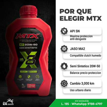 Aceite semi sintético MTX 20W50 para motor, botella con etiqueta visible y tapa en color negro.