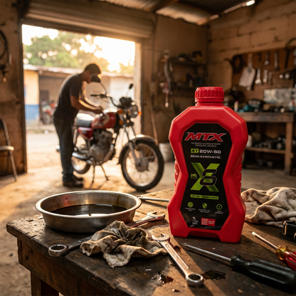 Aceite 20W50 semi sintético MTX para motores, envase con etiqueta y tapa, en fondo neutro.