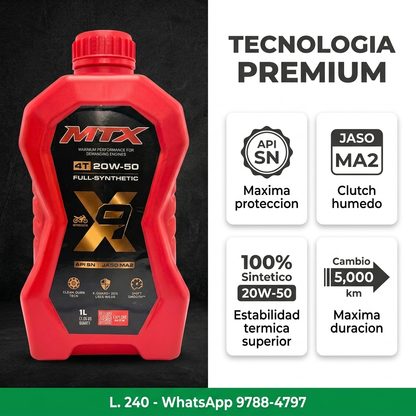 Aceite de motor 20W-50 sintético MTX en botella de 1 litro, especificaciones API SN y JASO MA2 para motocicletas
