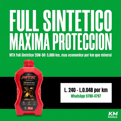 Aceite para motos 20W-50 Full Sintético MTX, 1 litro, ideal para motores con API SN y JASO MA2