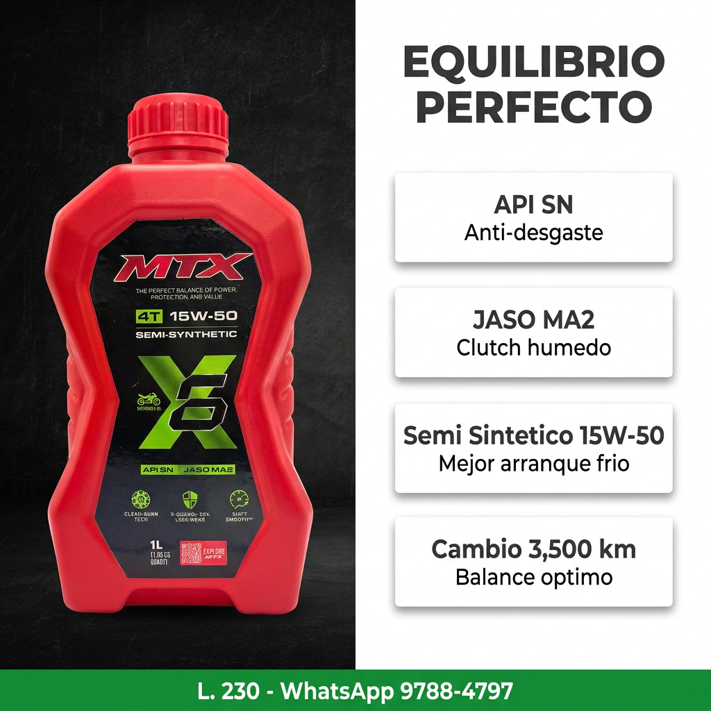 Aceite semi sintético 15W50 MTX para motor, envase con etiqueta y tapa visible en la imagen.