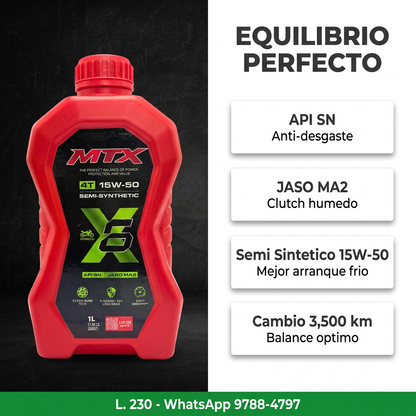 Aceite semi sintético 15W50 MTX para motor, envase con etiqueta y tapa visible en la imagen.