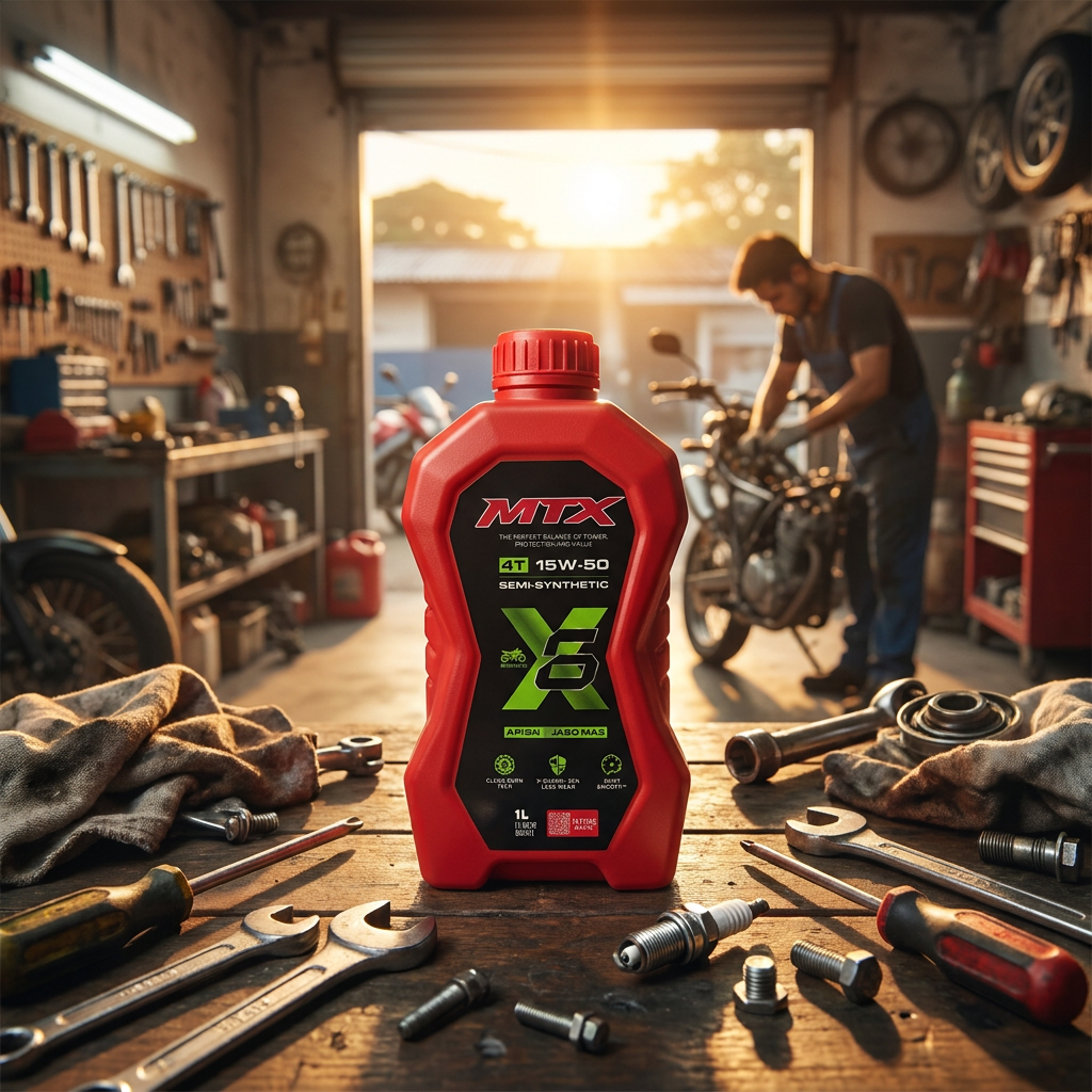 Aceite semisintético 15W50 MTX para motor, botella con etiqueta y tapón, vista frontal del envase.
