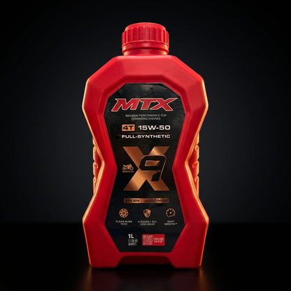 Aceite sintético 15W50 MTX para motor, envase con etiqueta azul y detalles de especificaciones en la etiqueta.