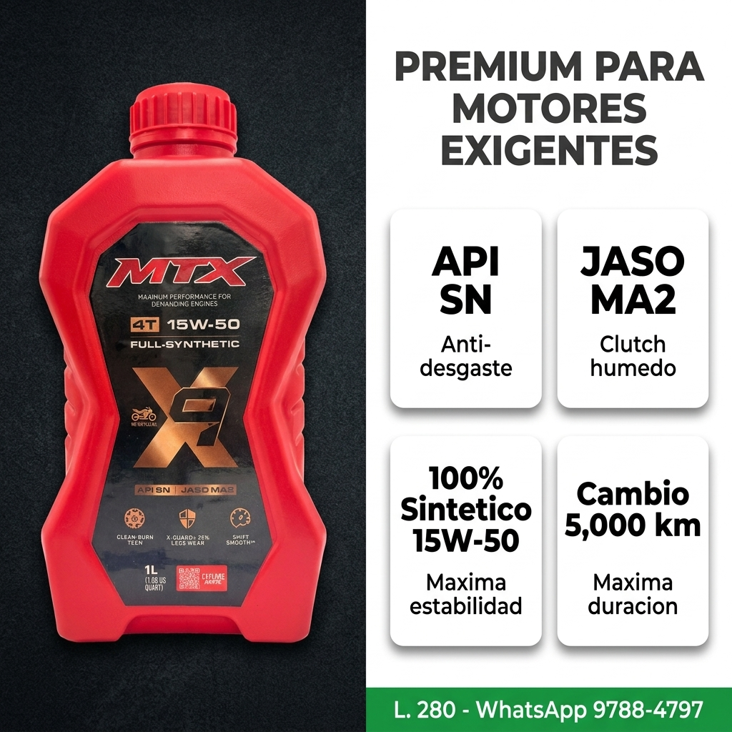 Aceite 15W50 sintético MTX para motor, envase con etiqueta visible y tapa negra en fondo neutro.