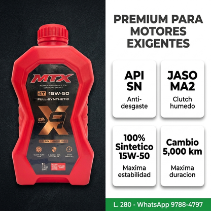 Aceite 15W50 sintético MTX para motor, envase con etiqueta visible y tapa negra en fondo neutro.