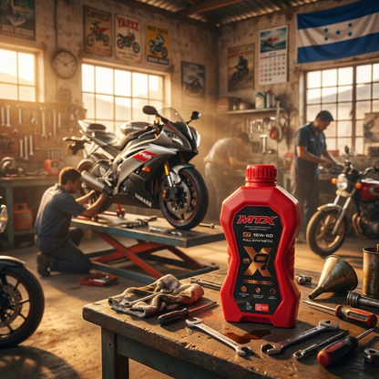 Aceite 15W50 sintético MTX en botella, muestra etiqueta y color oscuro del aceite para motores.