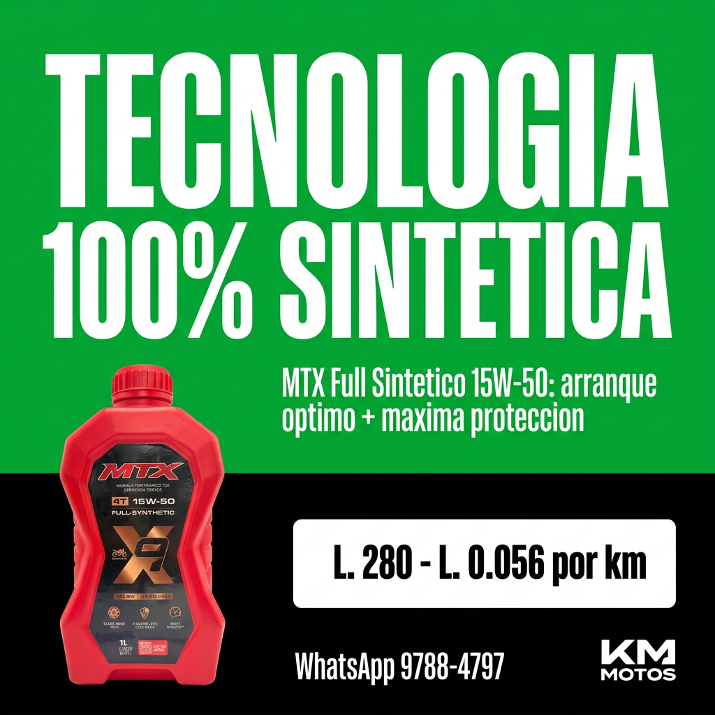 Aceite sintético 15W50 MTX para motor, frasco de aceite de motor con etiqueta y tapa blanca.